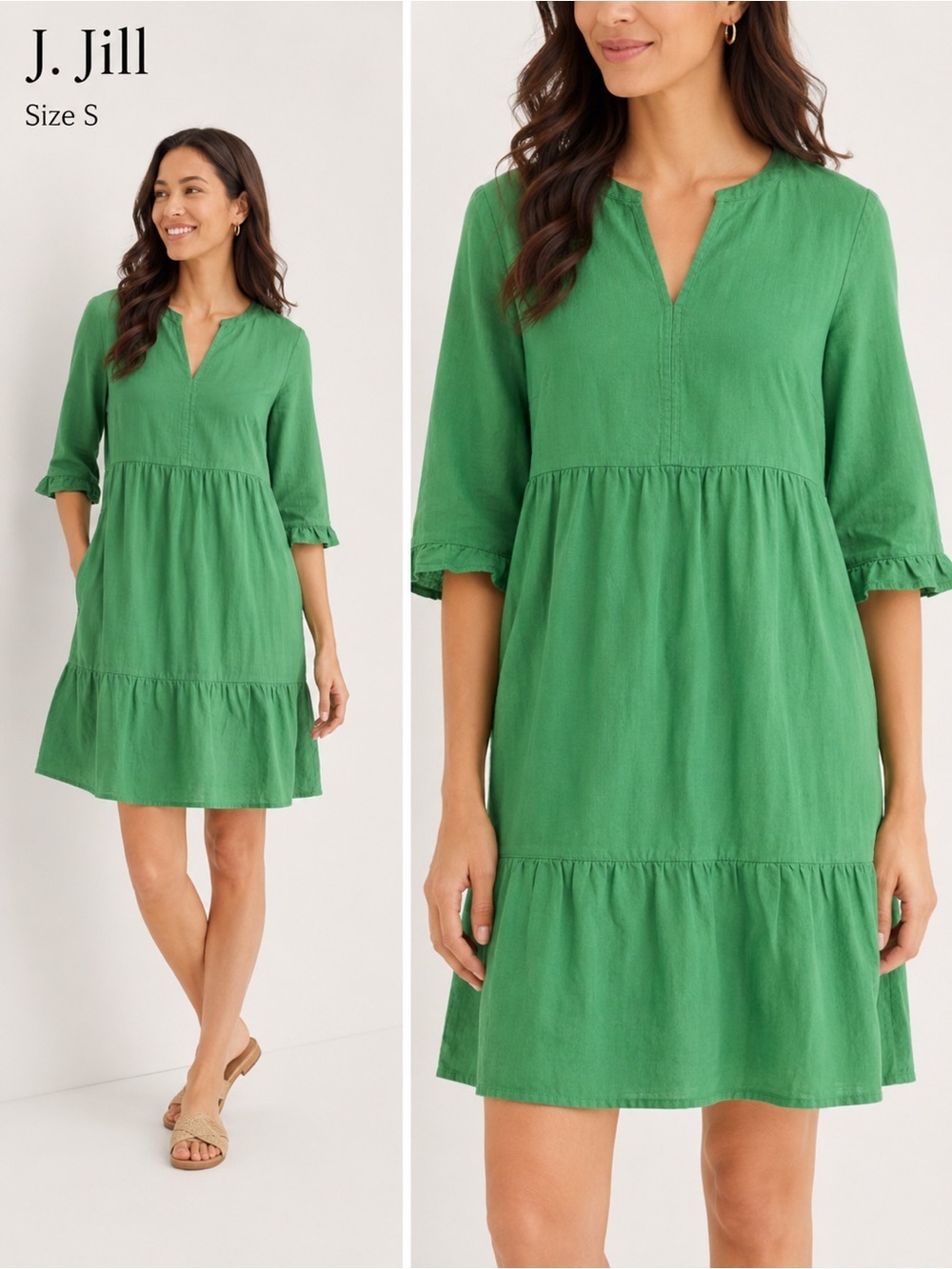 J. Jill Green Linen Blend Tiered Dress Size S Petite Boho Casual